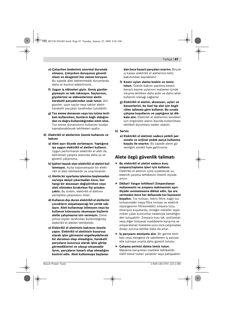 Alete özgü güvenlik talimat | Bosch GSS 23 A Professional User Manual | Page 87 / 189