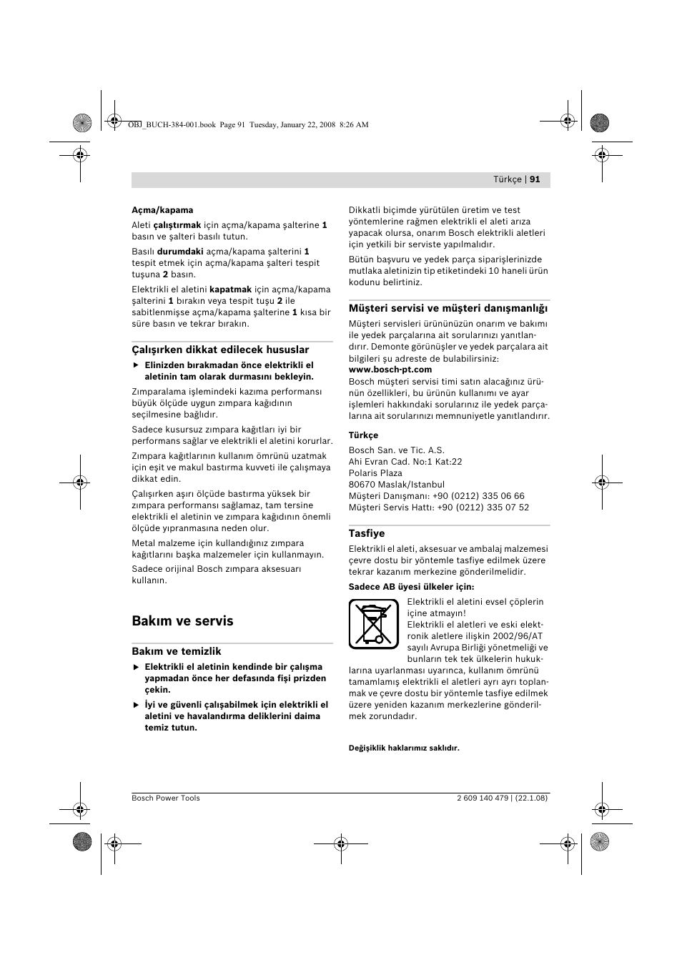 Bak m ve servis | Bosch GSS 23 A Professional User Manual | Page 91 / 189