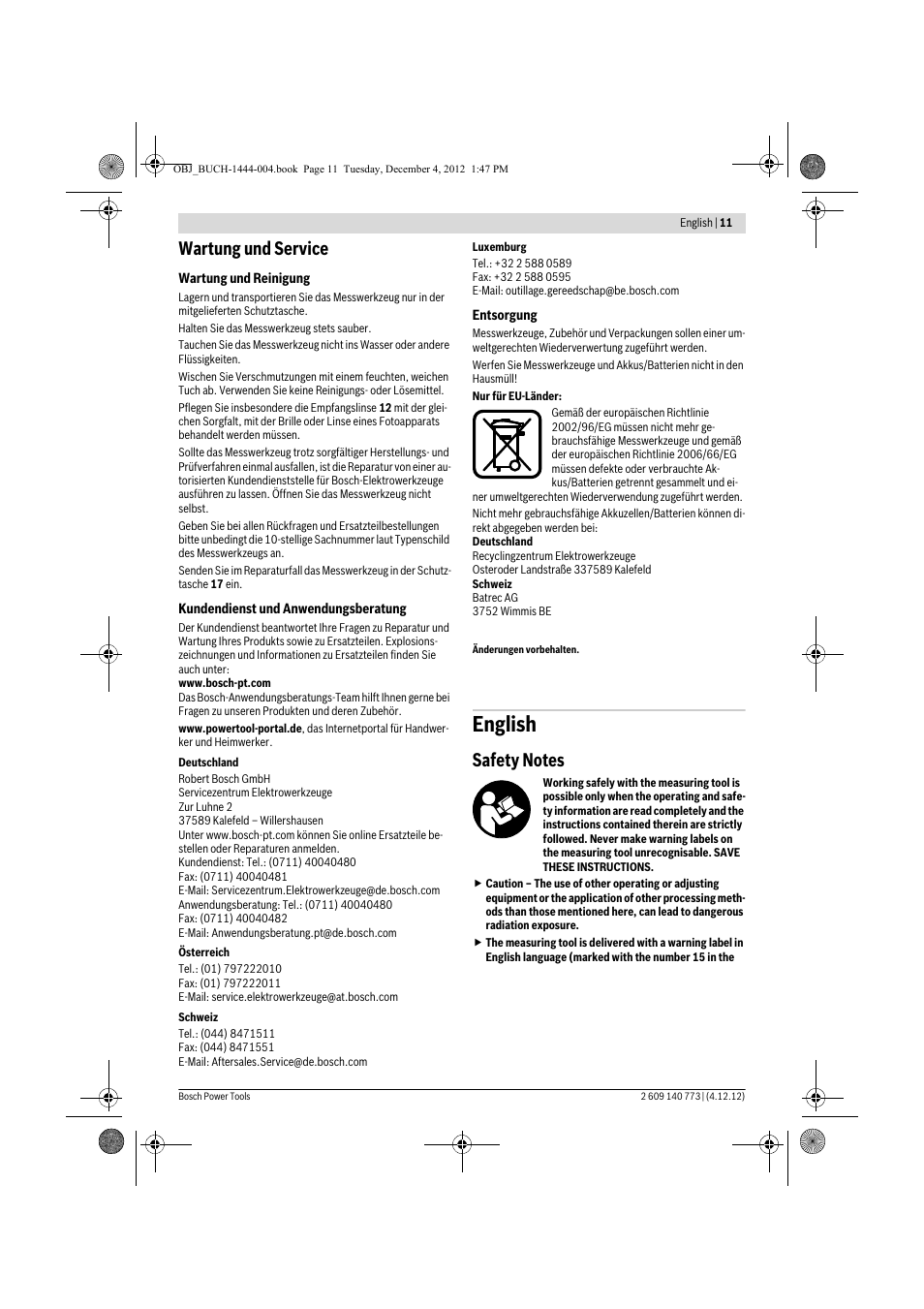 English, Wartung und service | Bosch GLM 50 Professional User Manual | Page 11 / 189