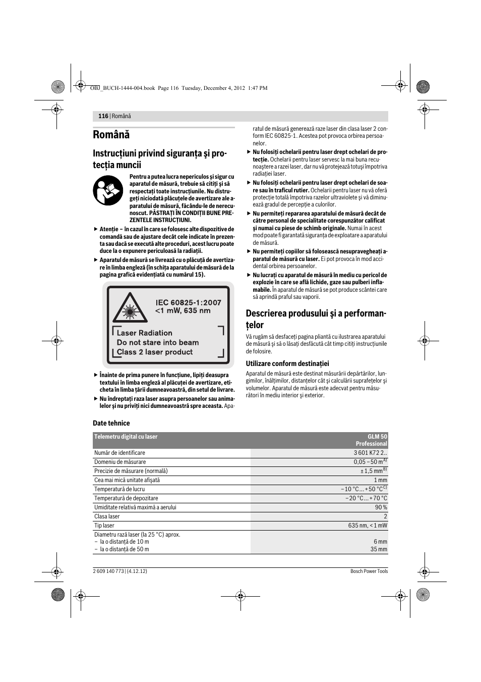 Română, Descrierea produsului şi a performan- ţelor | Bosch GLM 50 Professional User Manual | Page 116 / 189