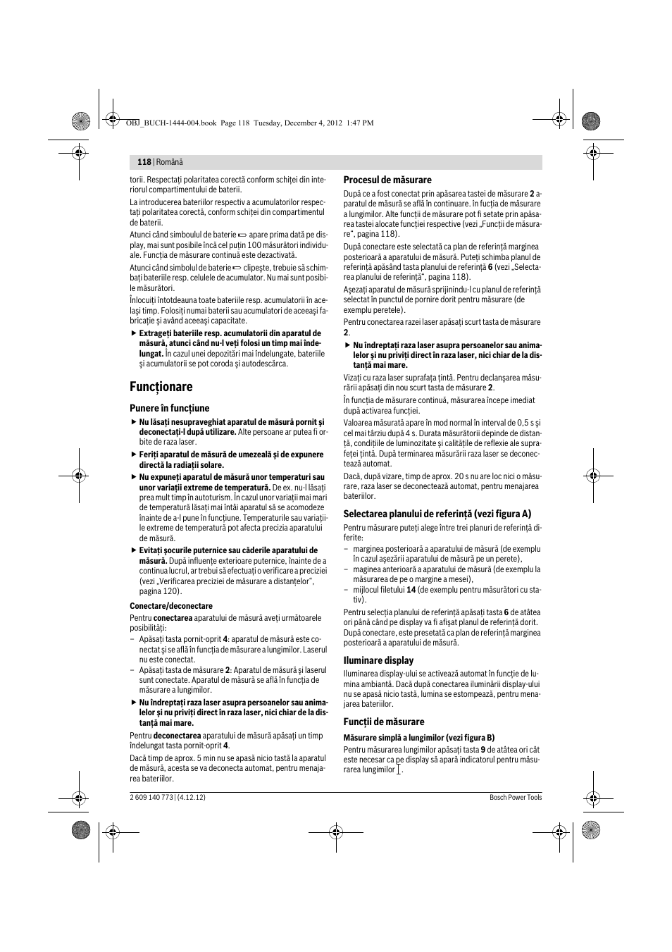 Funcţionare | Bosch GLM 50 Professional User Manual | Page 118 / 189