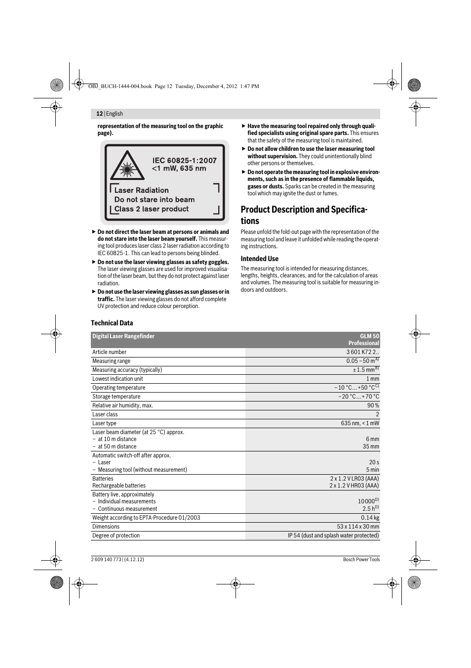 Product description and specifica- tions | Bosch GLM 50 Professional User Manual | Page 12 / 189