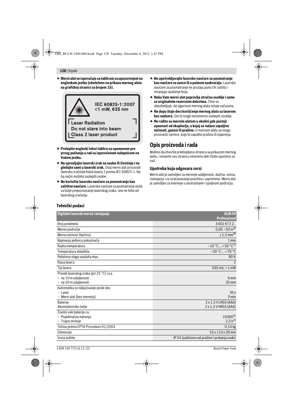 Opis proizvoda i rada | Bosch GLM 50 Professional User Manual | Page 128 / 189