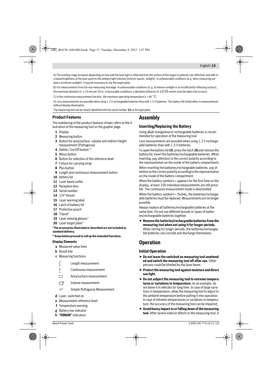 Assembly, Operation | Bosch GLM 50 Professional User Manual | Page 13 / 189