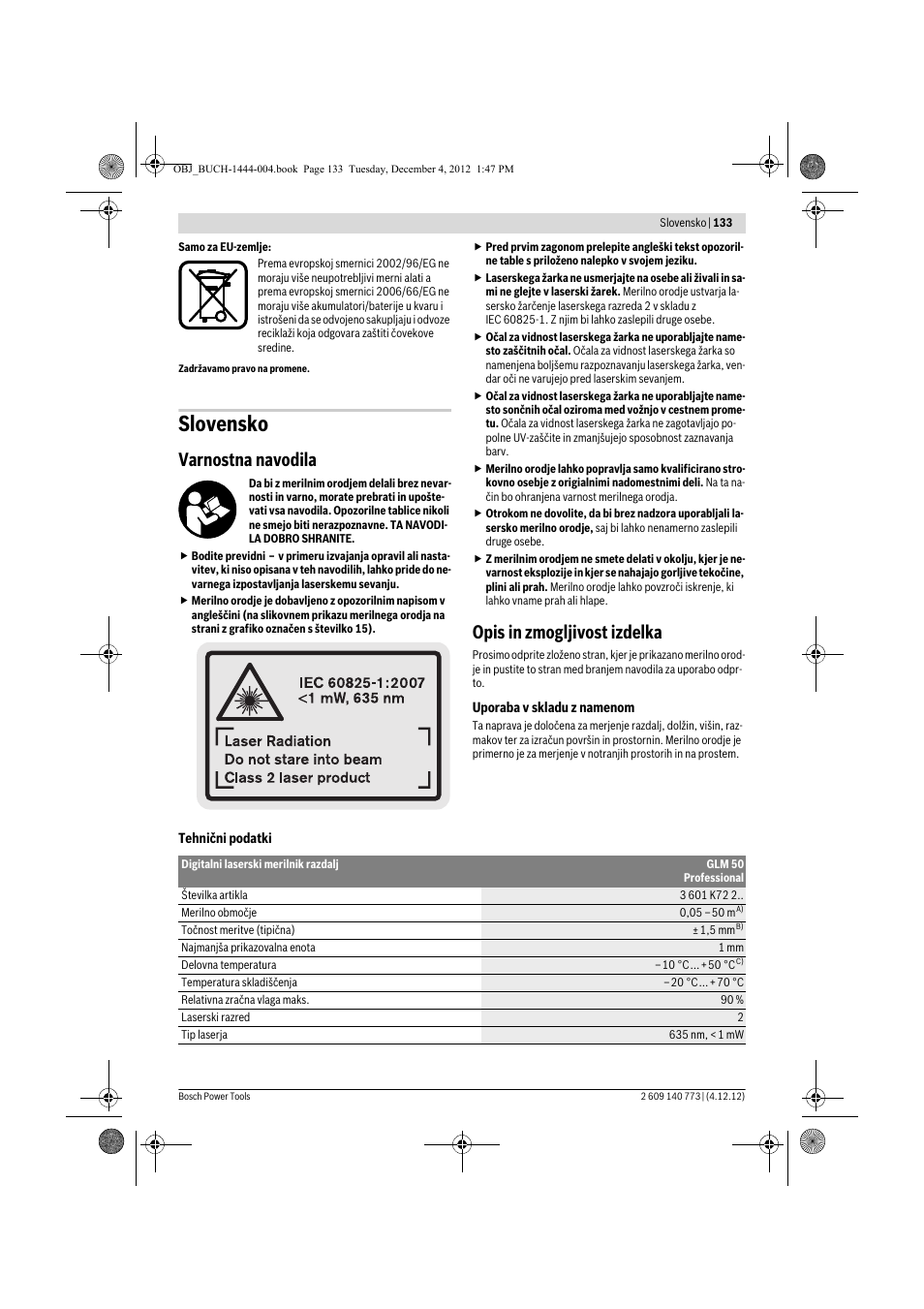 Slovensko, Varnostna navodila, Opis in zmogljivost izdelka | Bosch GLM 50 Professional User Manual | Page 133 / 189