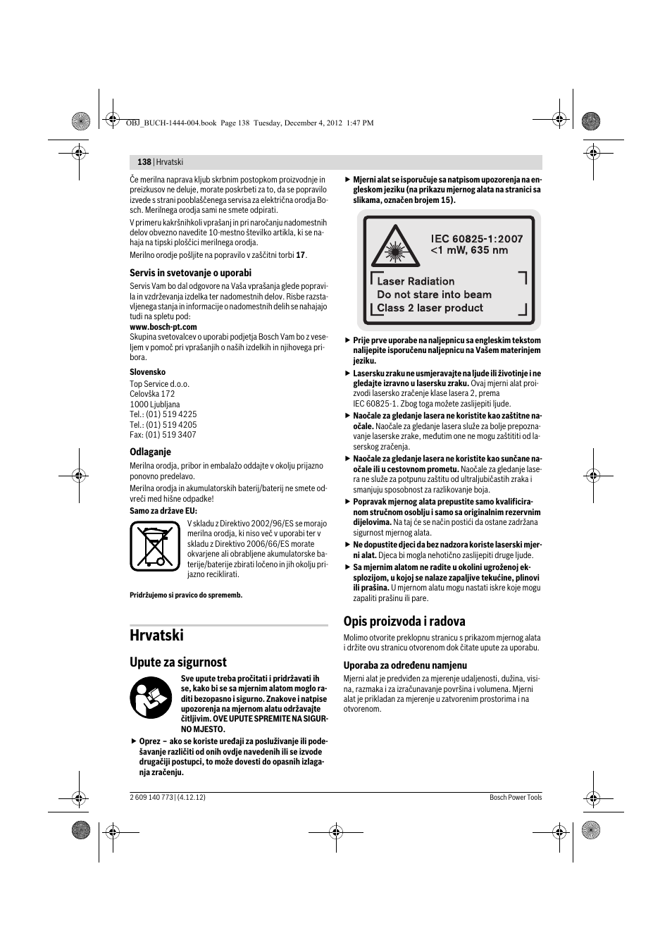 Hrvatski, Upute za sigurnost, Opis proizvoda i radova | Bosch GLM 50 Professional User Manual | Page 138 / 189