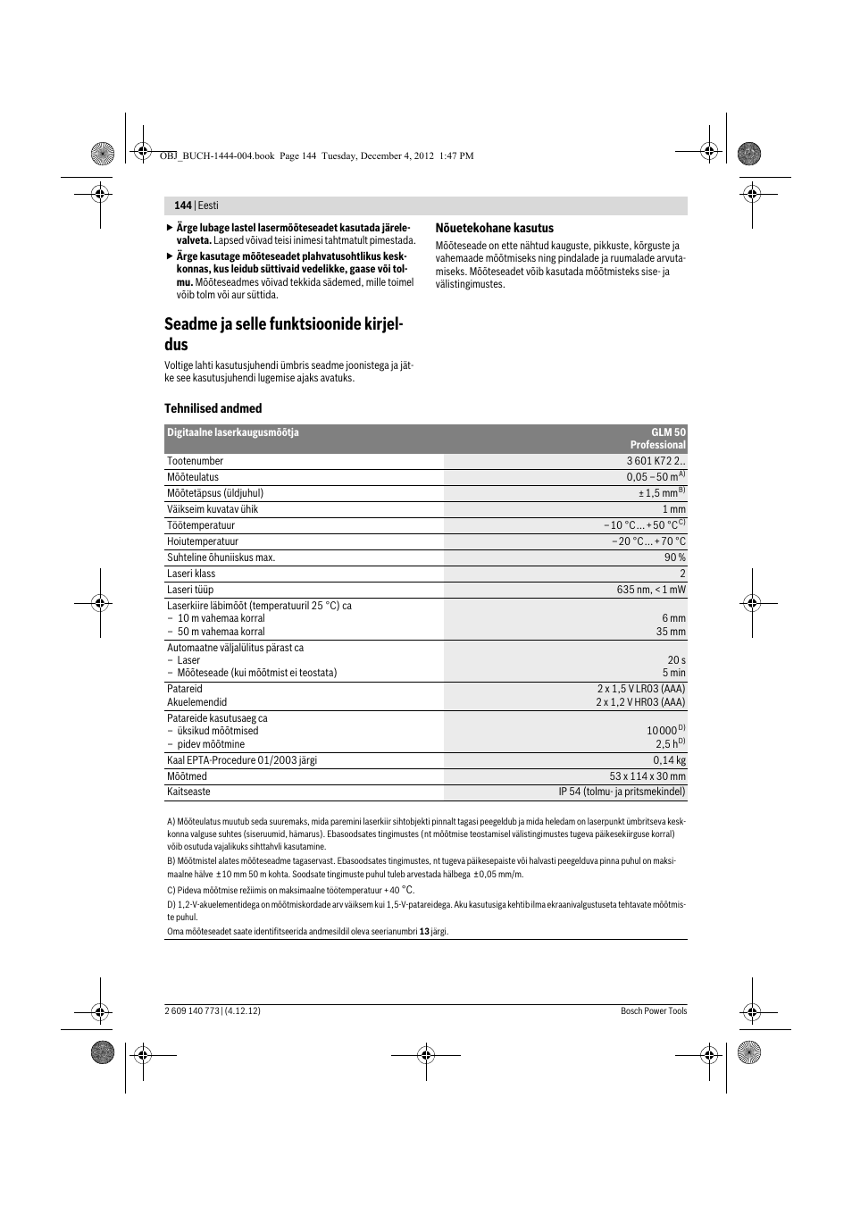 Seadme ja selle funktsioonide kirjel- dus | Bosch GLM 50 Professional User Manual | Page 144 / 189