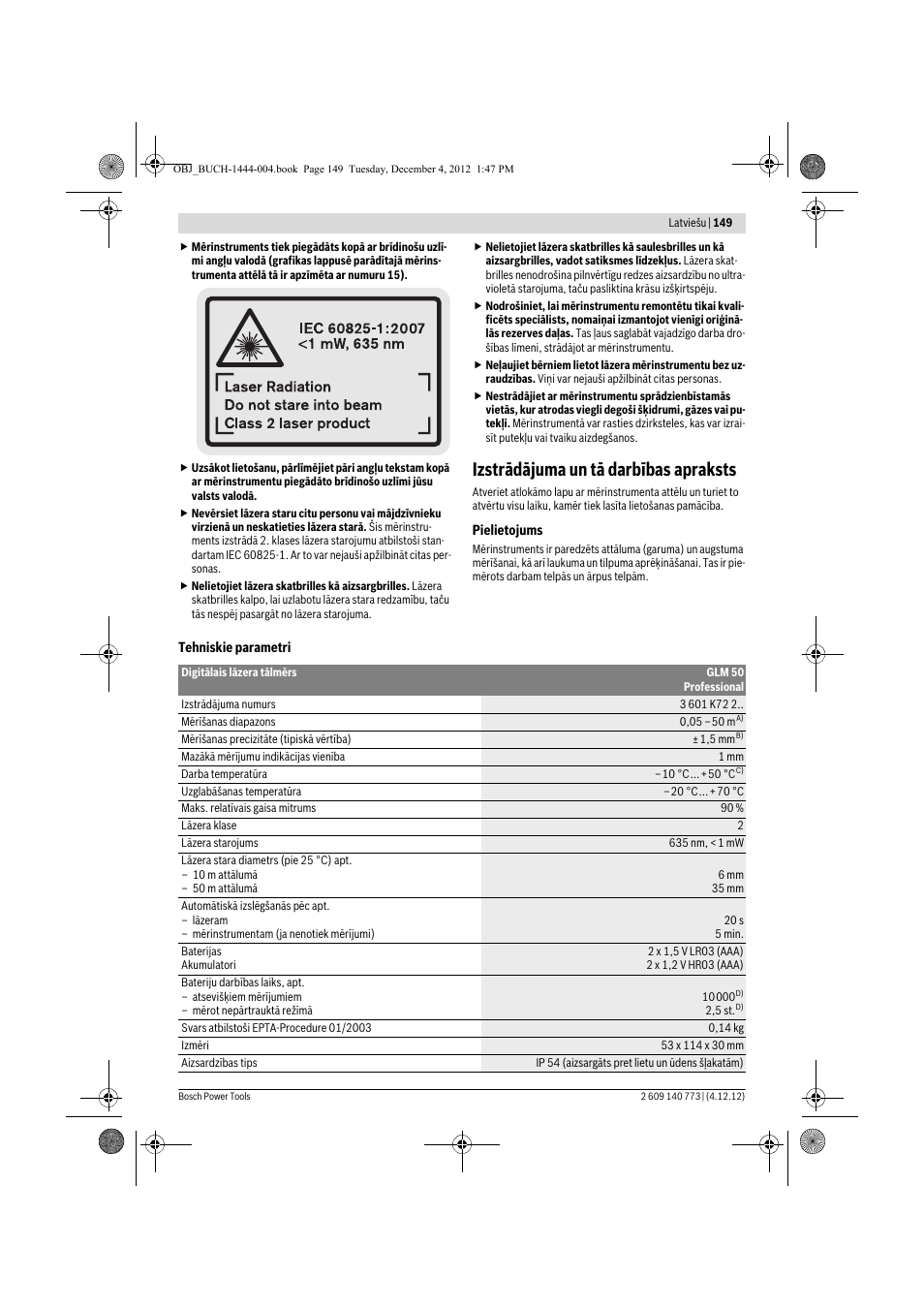 Izstrādājuma un tā darbības apraksts | Bosch GLM 50 Professional User Manual | Page 149 / 189