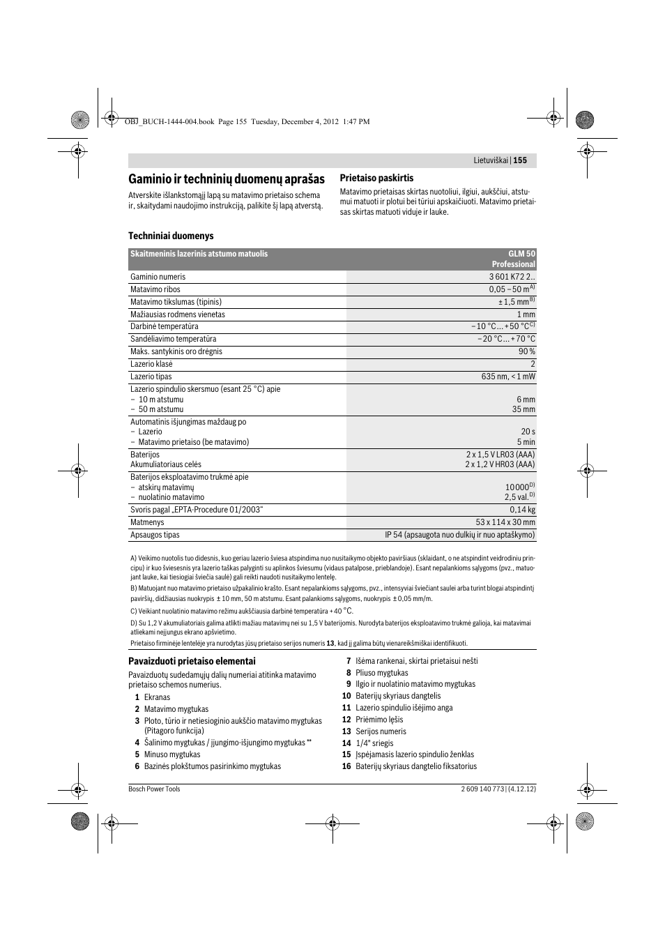 Gaminio ir techninių duomenų aprašas | Bosch GLM 50 Professional User Manual | Page 155 / 189