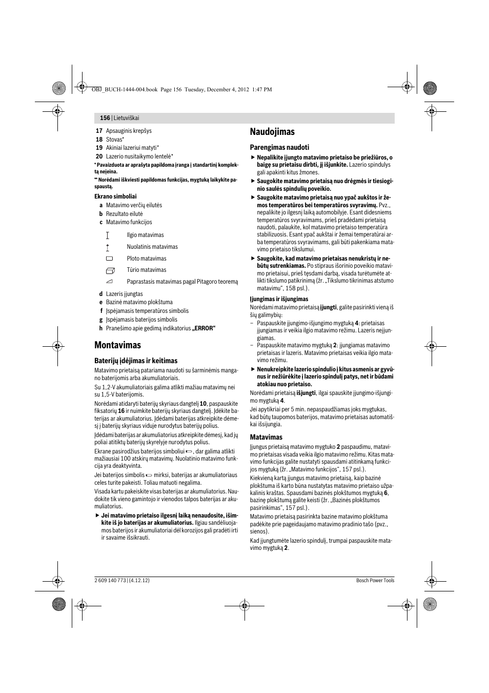 Montavimas, Naudojimas | Bosch GLM 50 Professional User Manual | Page 156 / 189