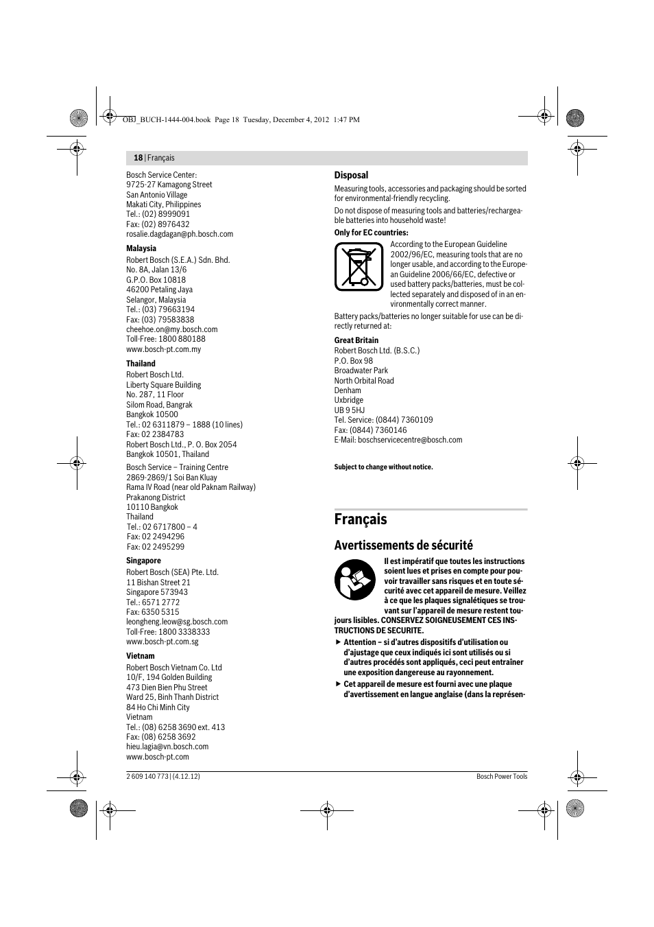 Français, Avertissements de sécurité | Bosch GLM 50 Professional User Manual | Page 18 / 189