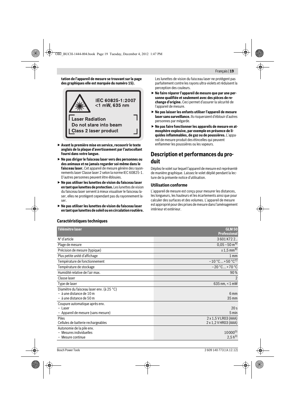 Description et performances du pro- duit | Bosch GLM 50 Professional User Manual | Page 19 / 189