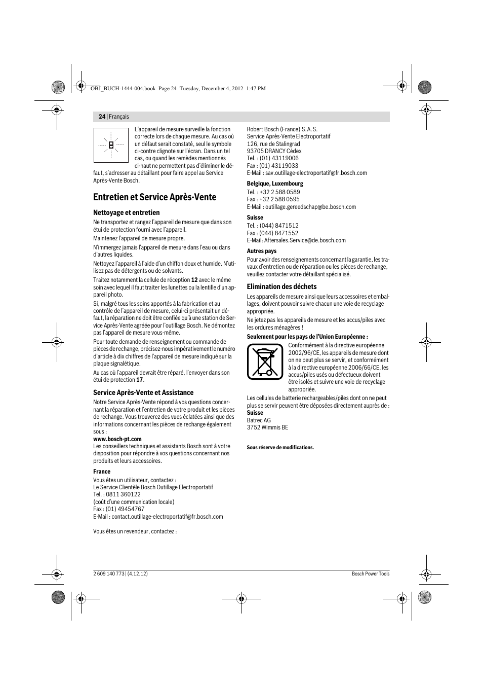 Entretien et service après-vente | Bosch GLM 50 Professional User Manual | Page 24 / 189