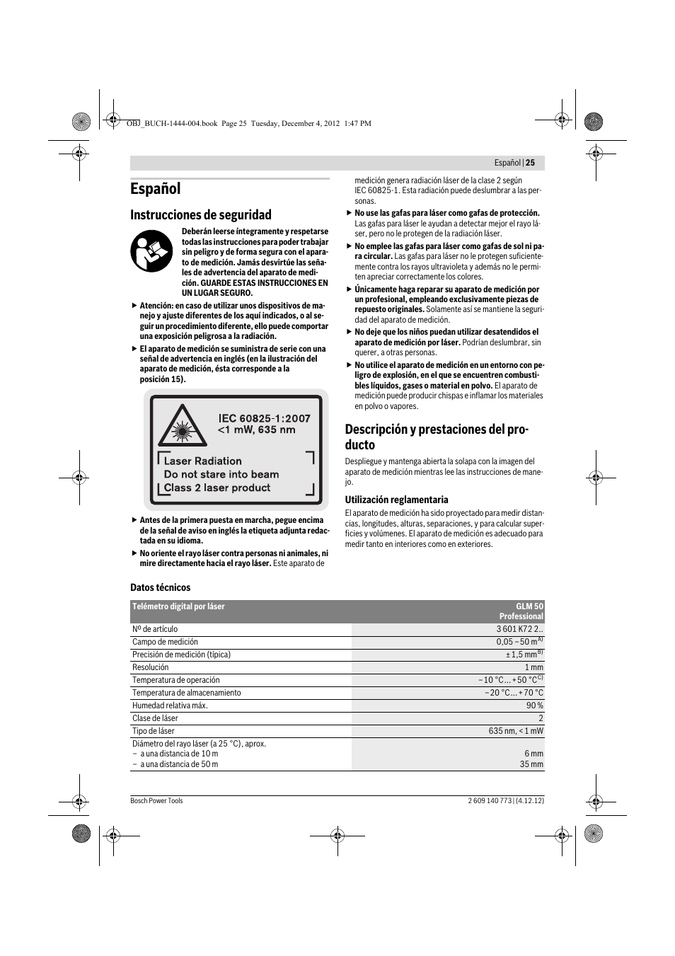 Español, Instrucciones de seguridad, Descripción y prestaciones del pro- ducto | Bosch GLM 50 Professional User Manual | Page 25 / 189