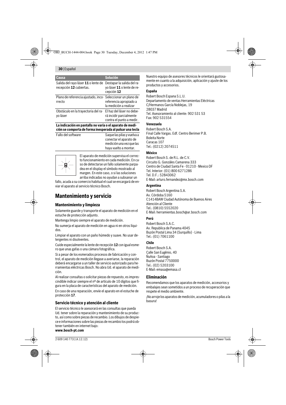 Mantenimiento y servicio | Bosch GLM 50 Professional User Manual | Page 30 / 189