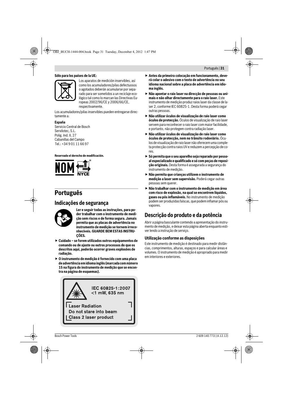 Português, Indicações de segurança, Descrição do produto e da potência | Bosch GLM 50 Professional User Manual | Page 31 / 189