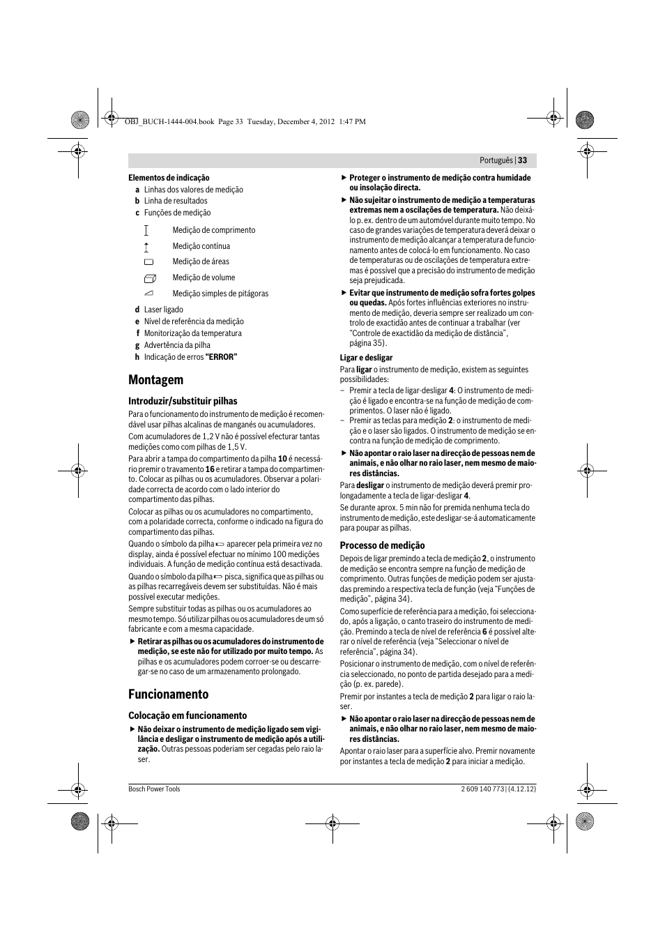 Montagem, Funcionamento | Bosch GLM 50 Professional User Manual | Page 33 / 189