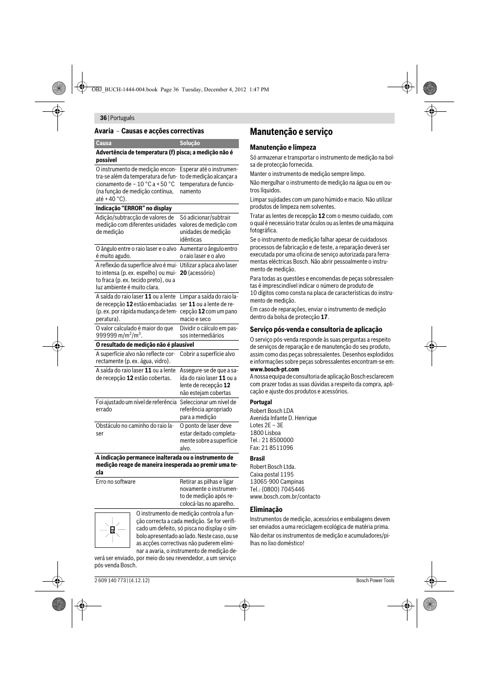 Manutenção e serviço | Bosch GLM 50 Professional User Manual | Page 36 / 189