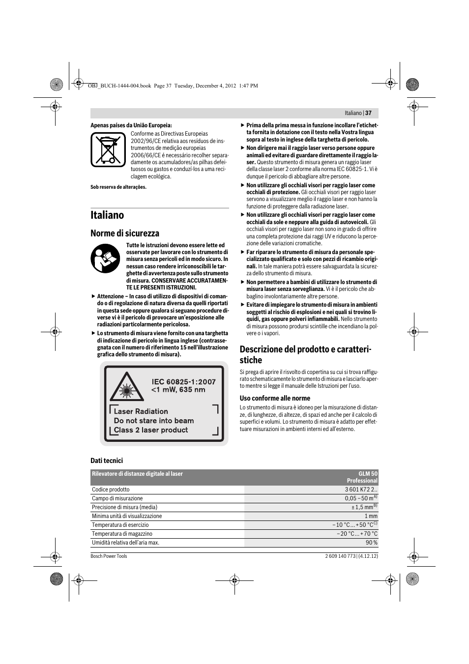 Italiano, Norme di sicurezza, Descrizione del prodotto e caratteri- stiche | Bosch GLM 50 Professional User Manual | Page 37 / 189