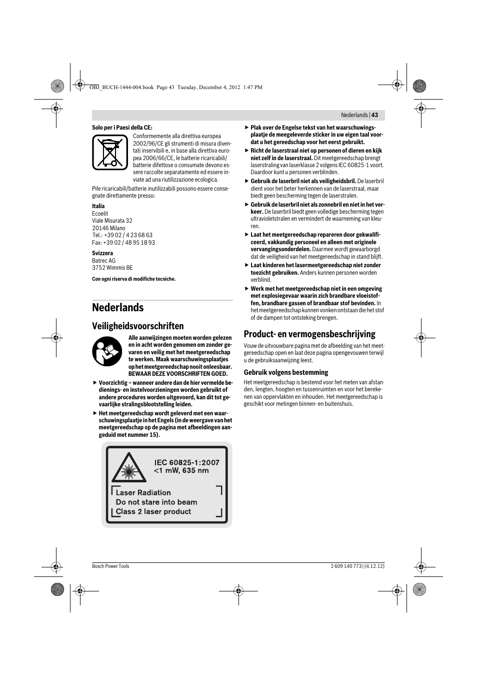 Nederlands, Veiligheidsvoorschriften, Product- en vermogensbeschrijving | Bosch GLM 50 Professional User Manual | Page 43 / 189