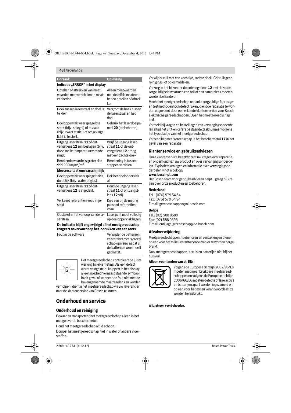 Onderhoud en service | Bosch GLM 50 Professional User Manual | Page 48 / 189