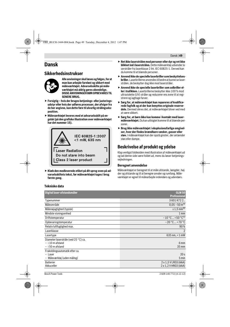 Dansk, Sikkerhedsinstrukser, Beskrivelse af produkt og ydelse | Bosch GLM 50 Professional User Manual | Page 49 / 189