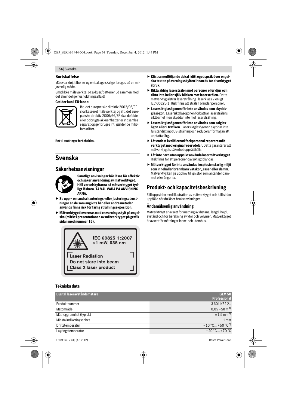 Svenska, Säkerhetsanvisningar, Produkt- och kapacitetsbeskrivning | Bosch GLM 50 Professional User Manual | Page 54 / 189