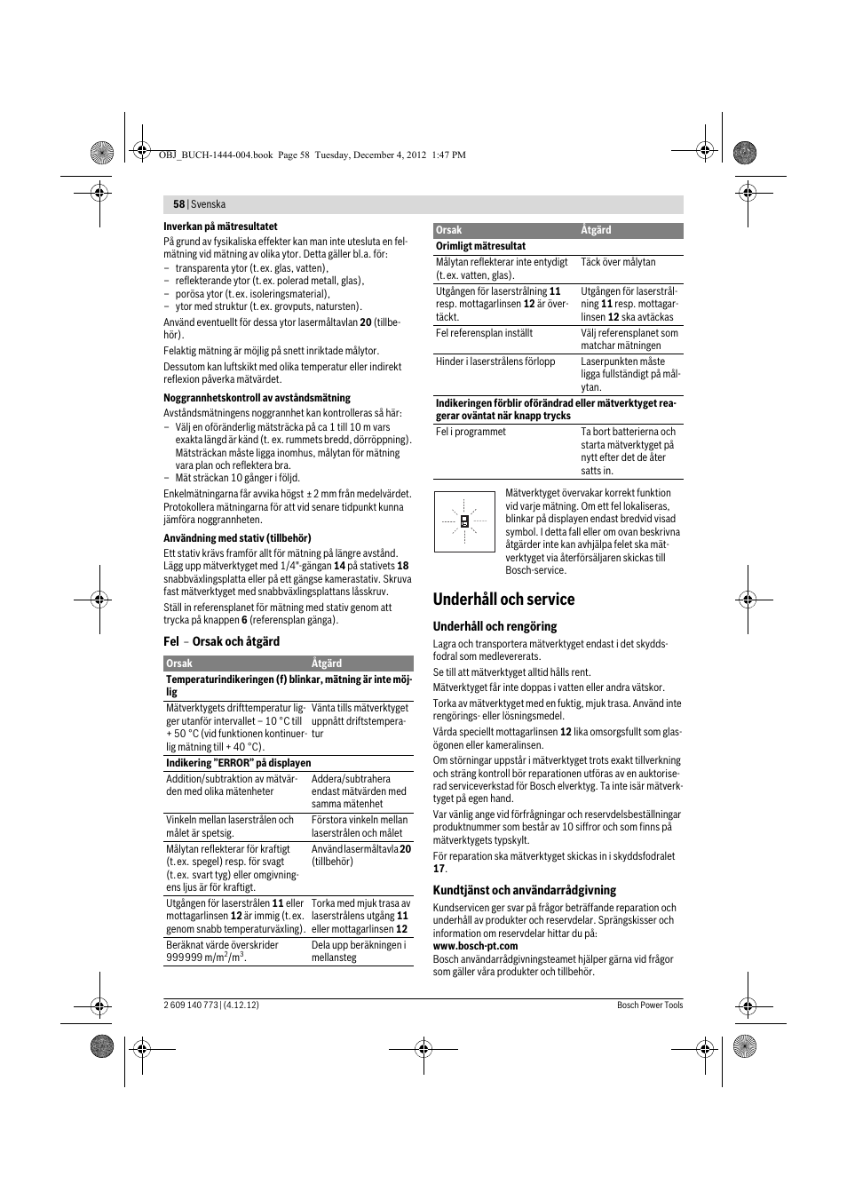 Underhåll och service | Bosch GLM 50 Professional User Manual | Page 58 / 189