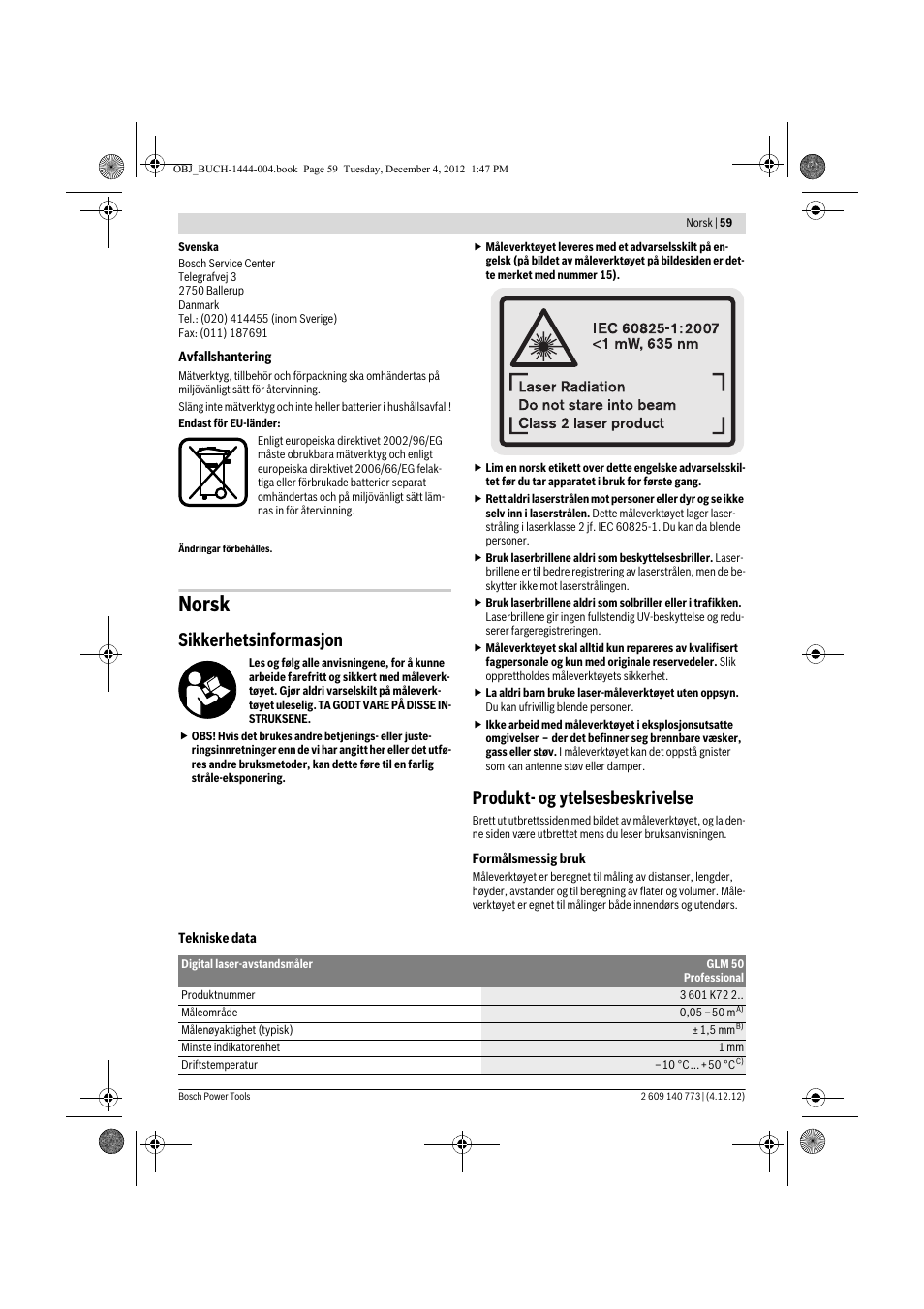 Norsk, Sikkerhetsinformasjon, Produkt- og ytelsesbeskrivelse | Bosch GLM 50 Professional User Manual | Page 59 / 189