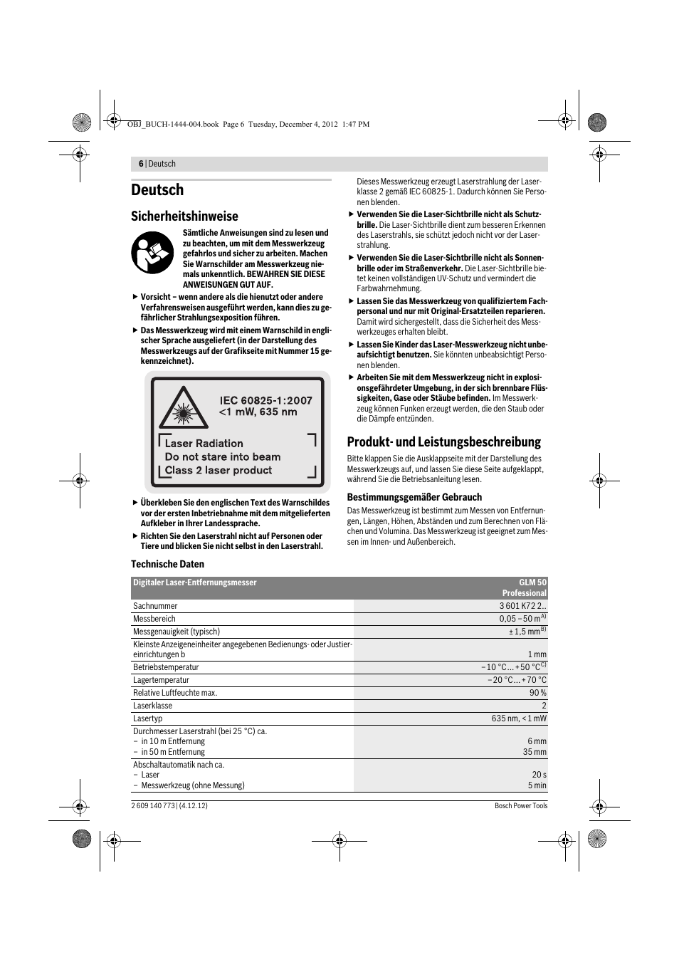 Deutsch, Sicherheitshinweise, Produkt- und leistungsbeschreibung | Bosch GLM 50 Professional User Manual | Page 6 / 189