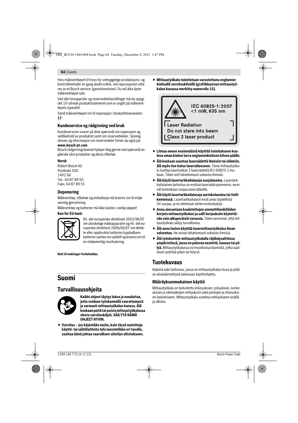 Suomi, Turvallisuusohjeita, Tuotekuvaus | Bosch GLM 50 Professional User Manual | Page 64 / 189