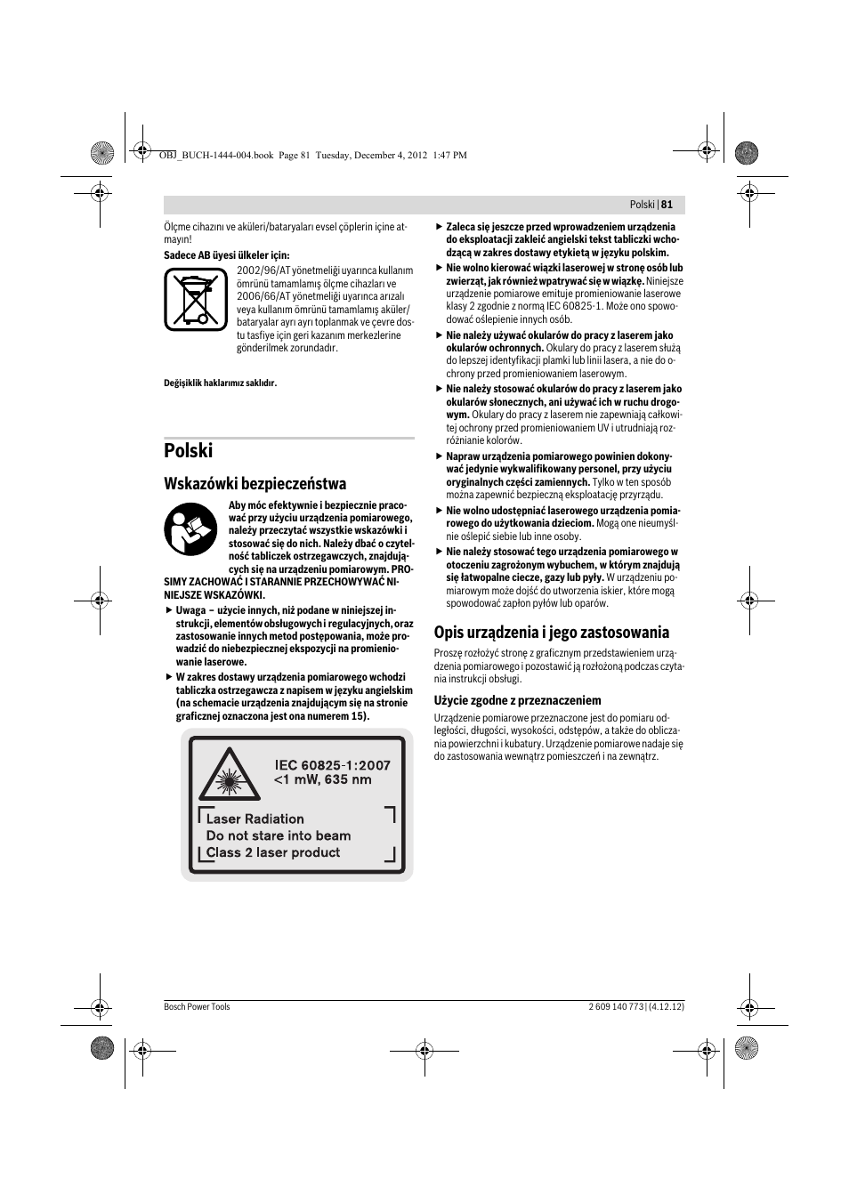 Polski, Wskazówki bezpieczeństwa, Opis urządzenia i jego zastosowania | Bosch GLM 50 Professional User Manual | Page 81 / 189