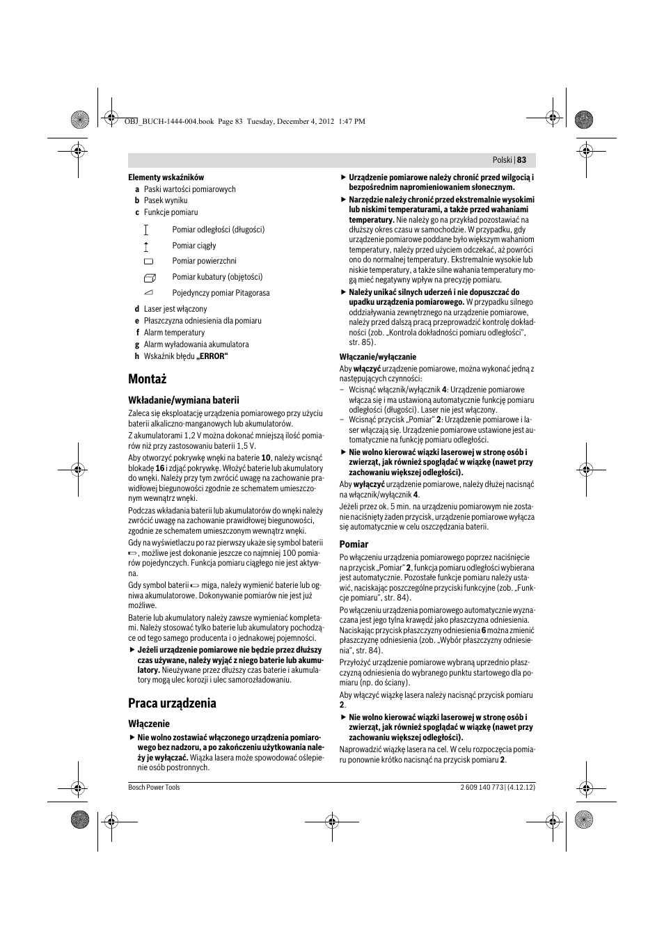 Montaż, Praca urządzenia | Bosch GLM 50 Professional User Manual | Page 83 / 189