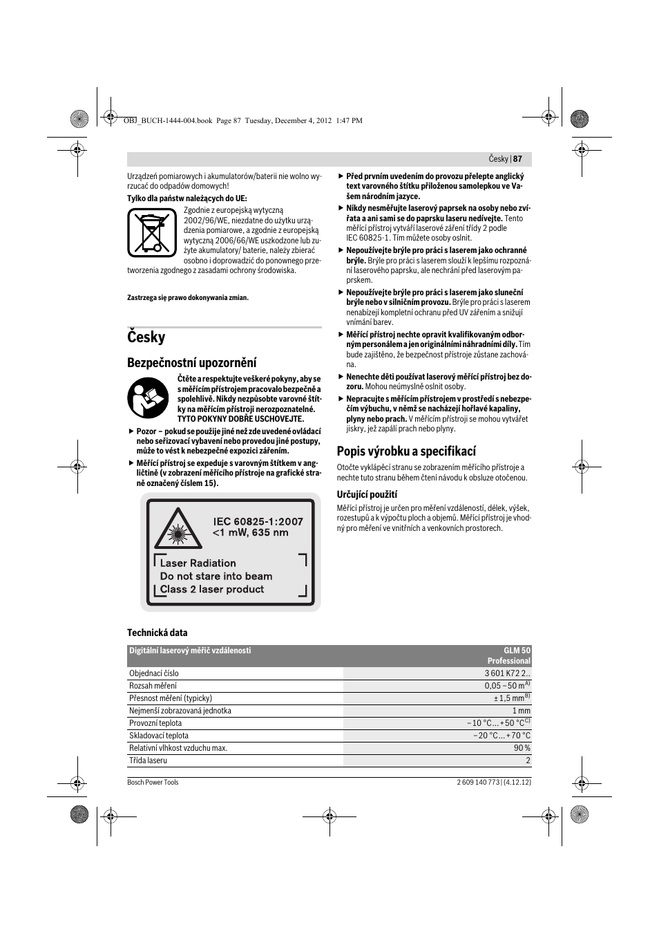 Česky, Bezpečnostní upozornění, Popis výrobku a specifikací | Bosch GLM 50 Professional User Manual | Page 87 / 189