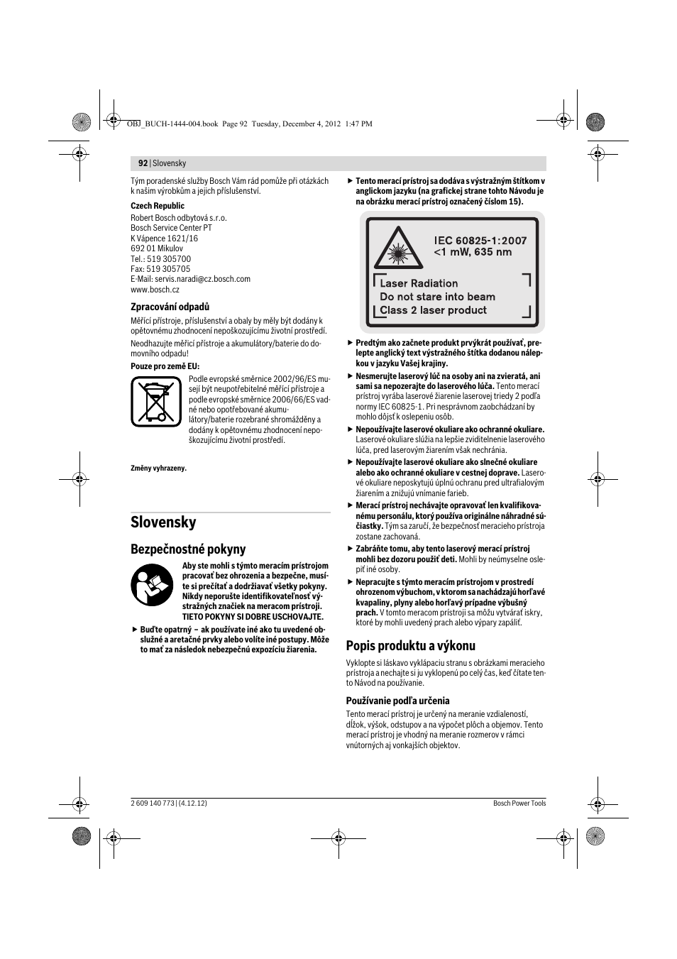 Slovensky, Bezpečnostné pokyny, Popis produktu a výkonu | Bosch GLM 50 Professional User Manual | Page 92 / 189