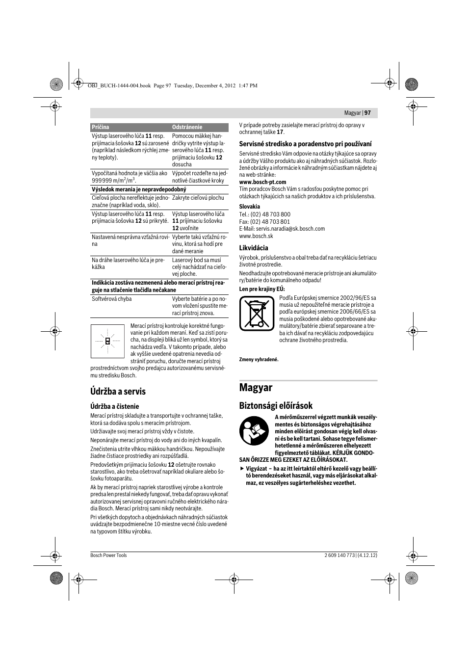 Magyar, Údržba a servis, Biztonsági előírások | Bosch GLM 50 Professional User Manual | Page 97 / 189