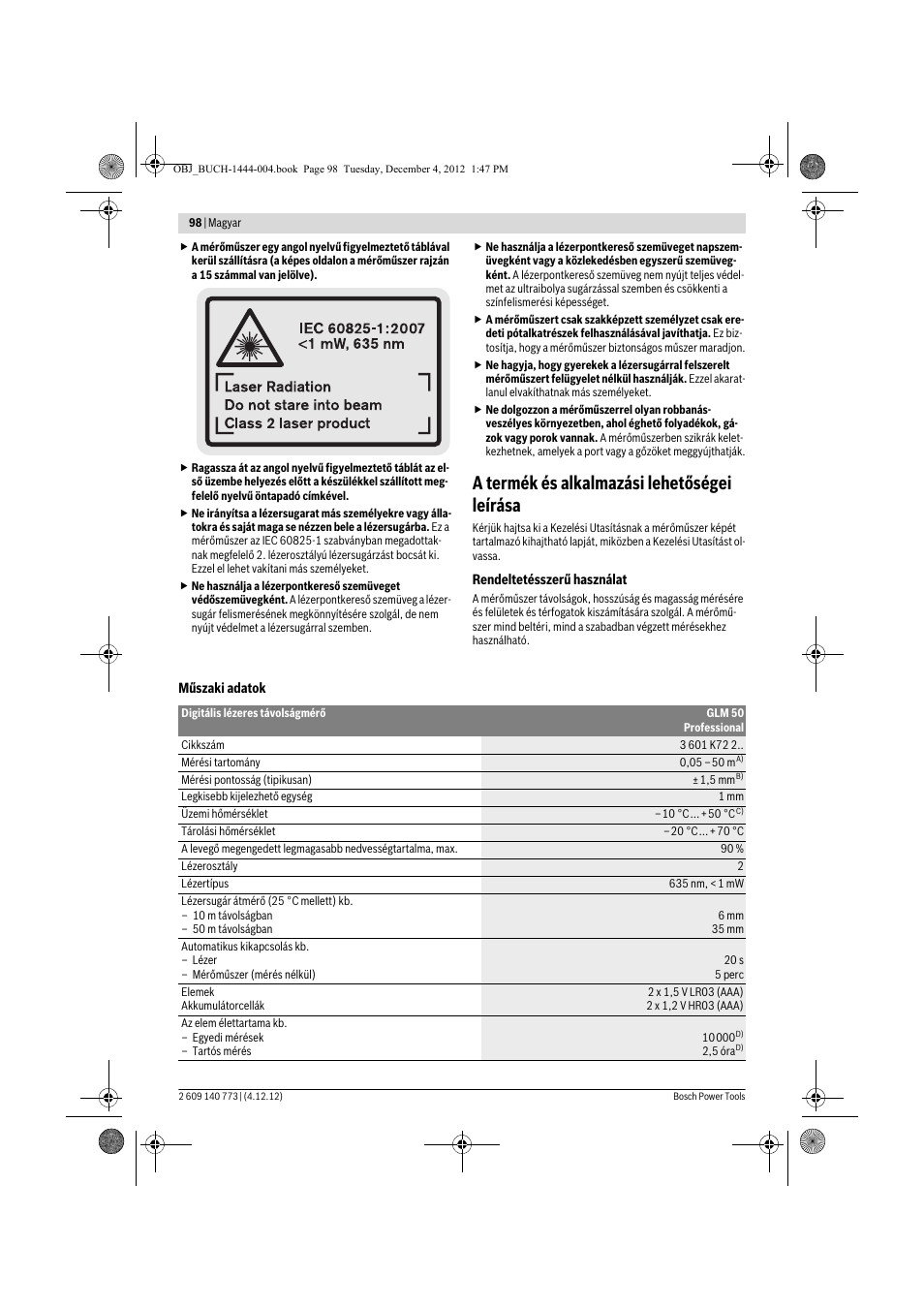 A termék és alkalmazási lehetőségei leírása | Bosch GLM 50 Professional User Manual | Page 98 / 189