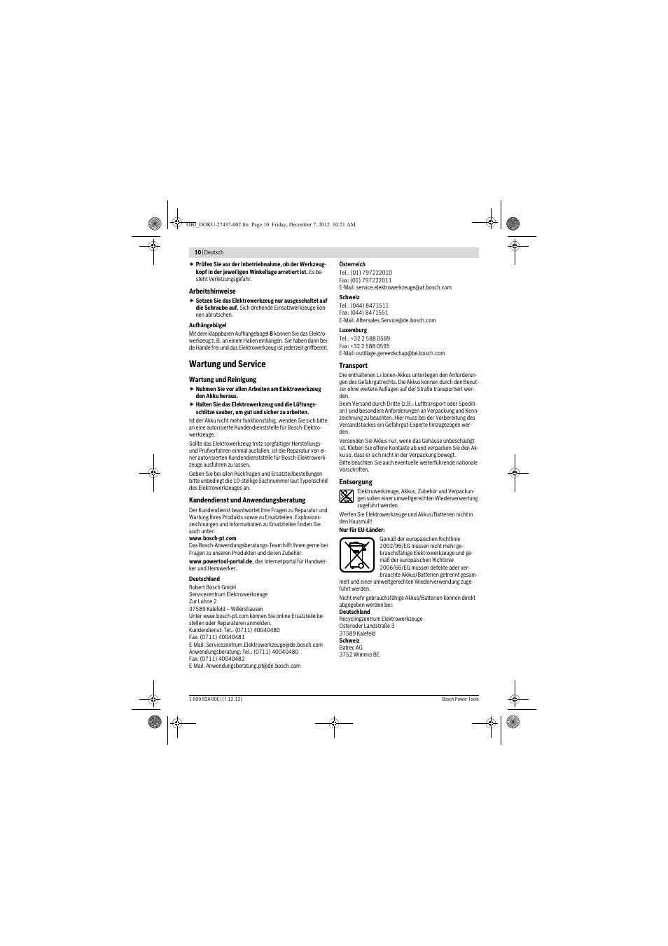 Wartung und service | Bosch GWI 10,8 V-LI Professional User Manual | Page 10 / 148