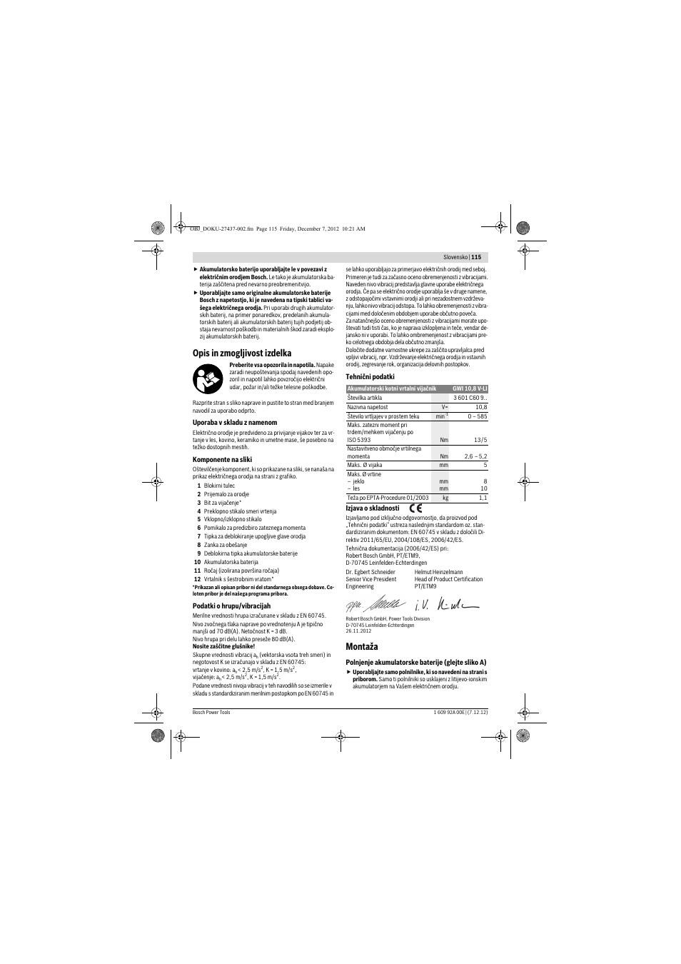 Opis in zmogljivost izdelka, Montaža | Bosch GWI 10,8 V-LI Professional User Manual | Page 115 / 148