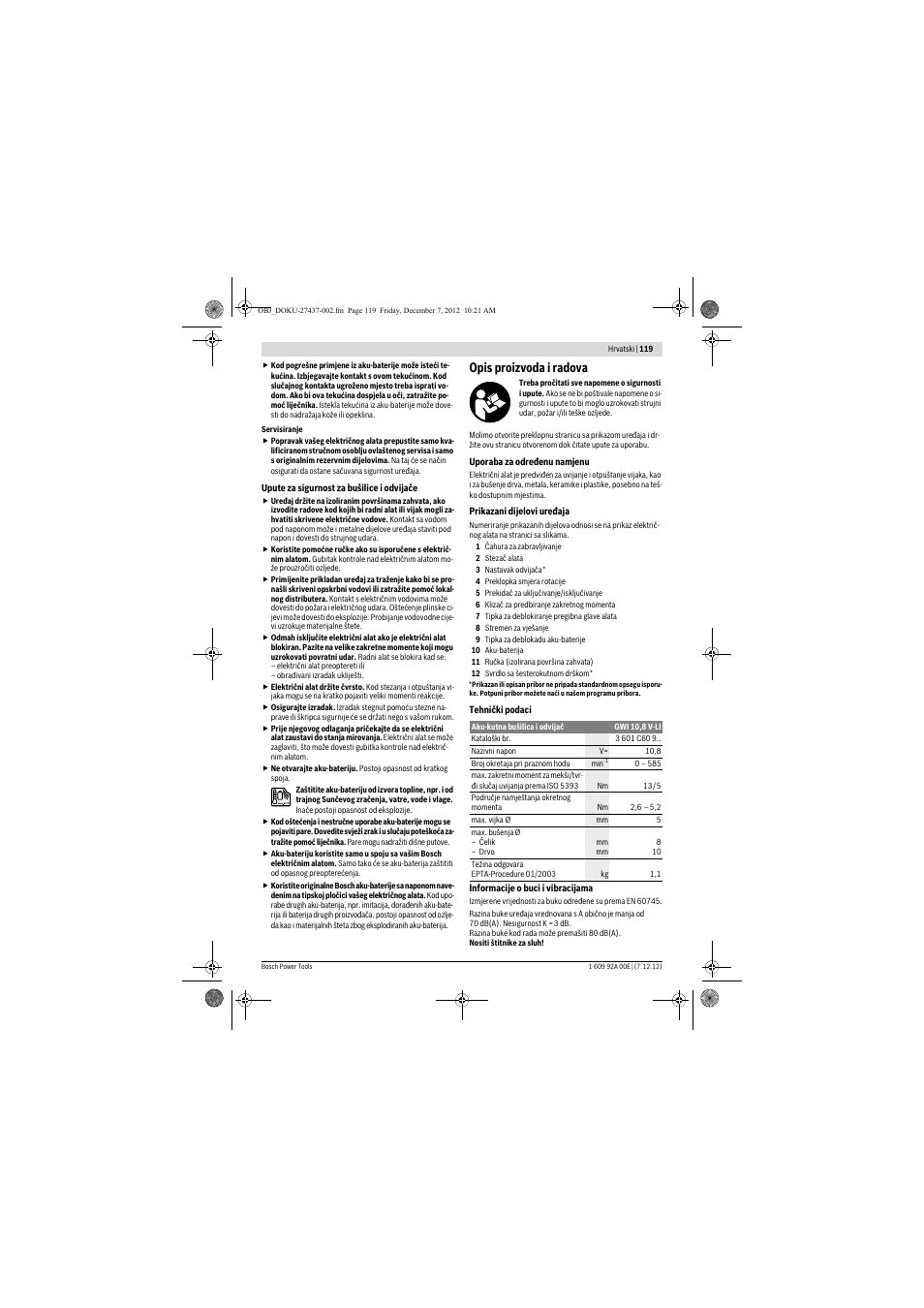 Opis proizvoda i radova | Bosch GWI 10,8 V-LI Professional User Manual | Page 119 / 148