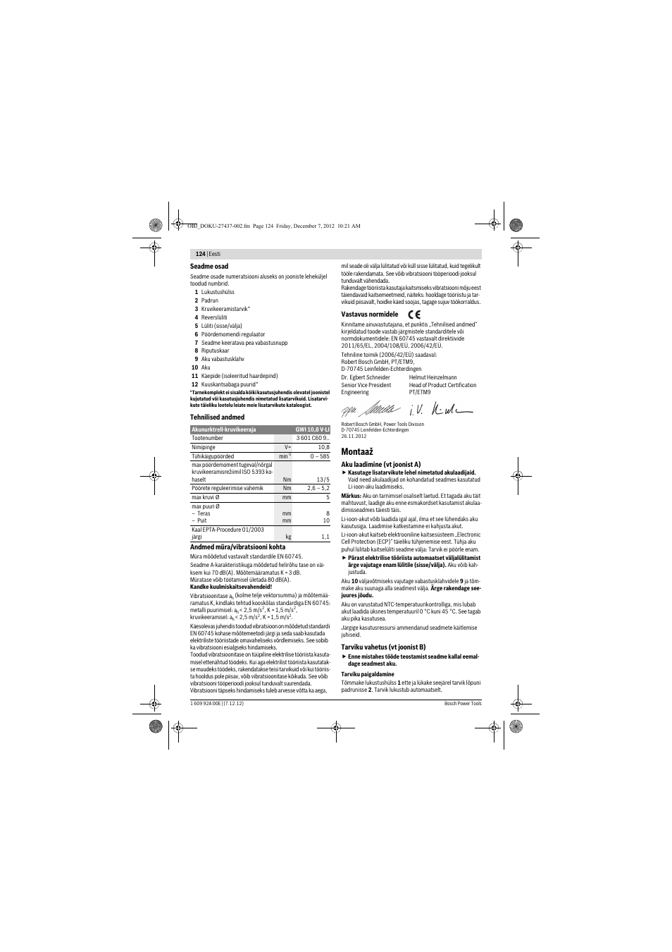 Montaaž | Bosch GWI 10,8 V-LI Professional User Manual | Page 124 / 148