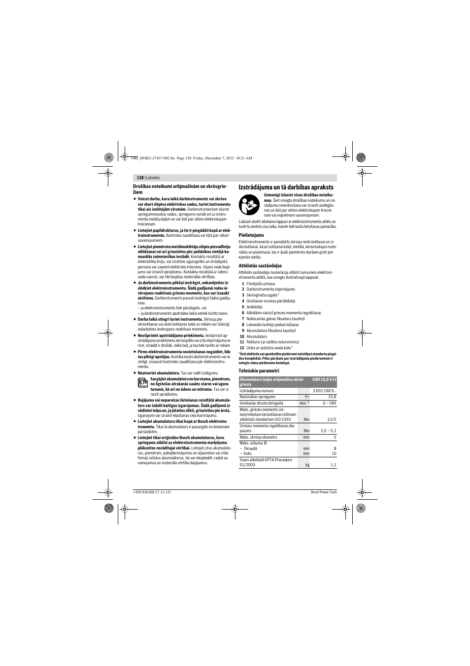 Izstrādājuma un tā darbības apraksts | Bosch GWI 10,8 V-LI Professional User Manual | Page 128 / 148