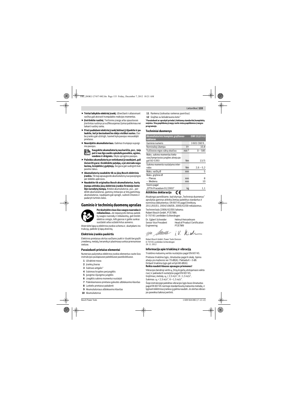 Gaminio ir techninių duomenų aprašas | Bosch GWI 10,8 V-LI Professional User Manual | Page 133 / 148