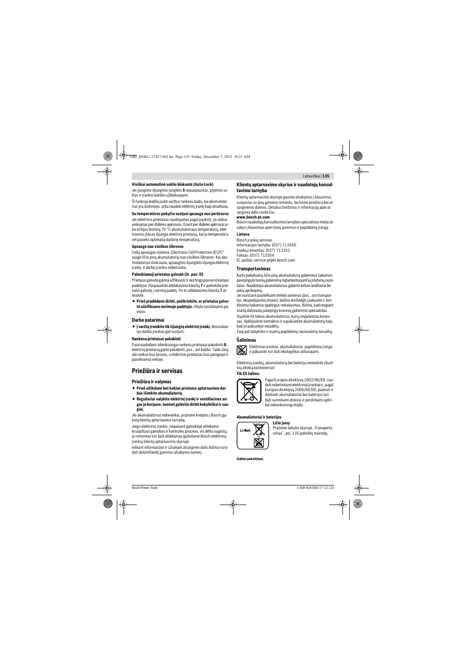 Priežiūra ir servisas | Bosch GWI 10,8 V-LI Professional User Manual | Page 135 / 148