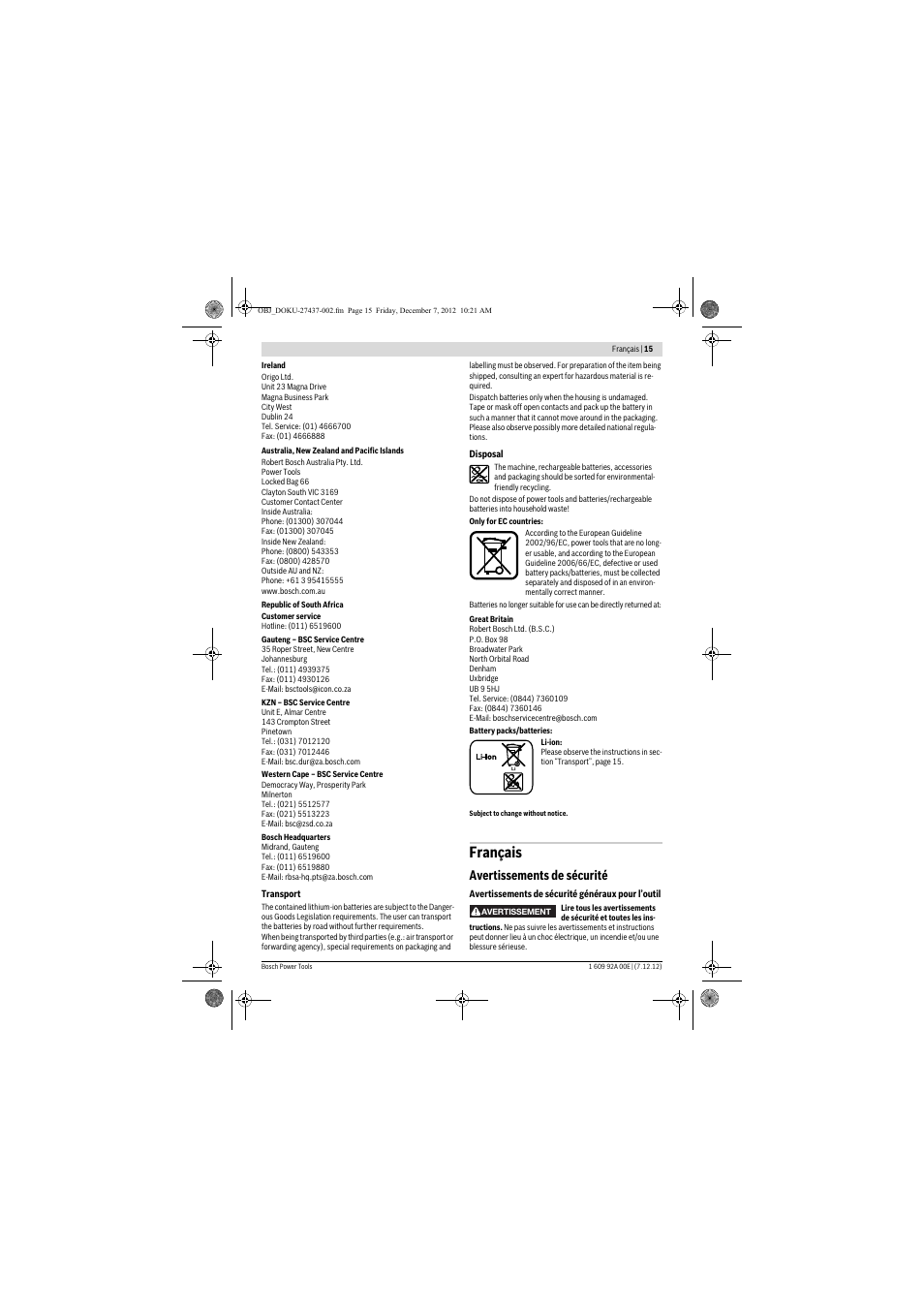 Français, Avertissements de sécurité | Bosch GWI 10,8 V-LI Professional User Manual | Page 15 / 148