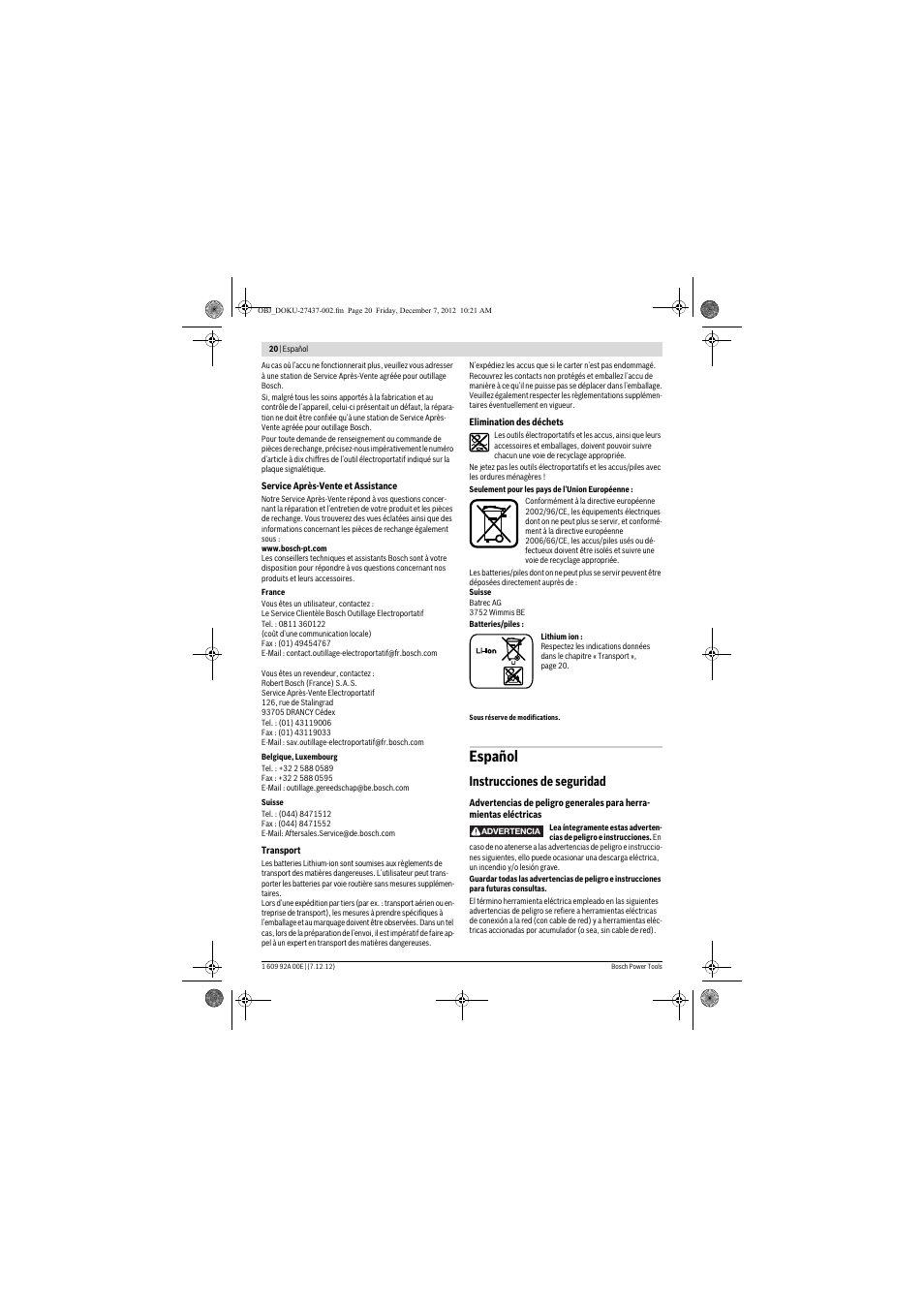 Español, Instrucciones de seguridad | Bosch GWI 10,8 V-LI Professional User Manual | Page 20 / 148