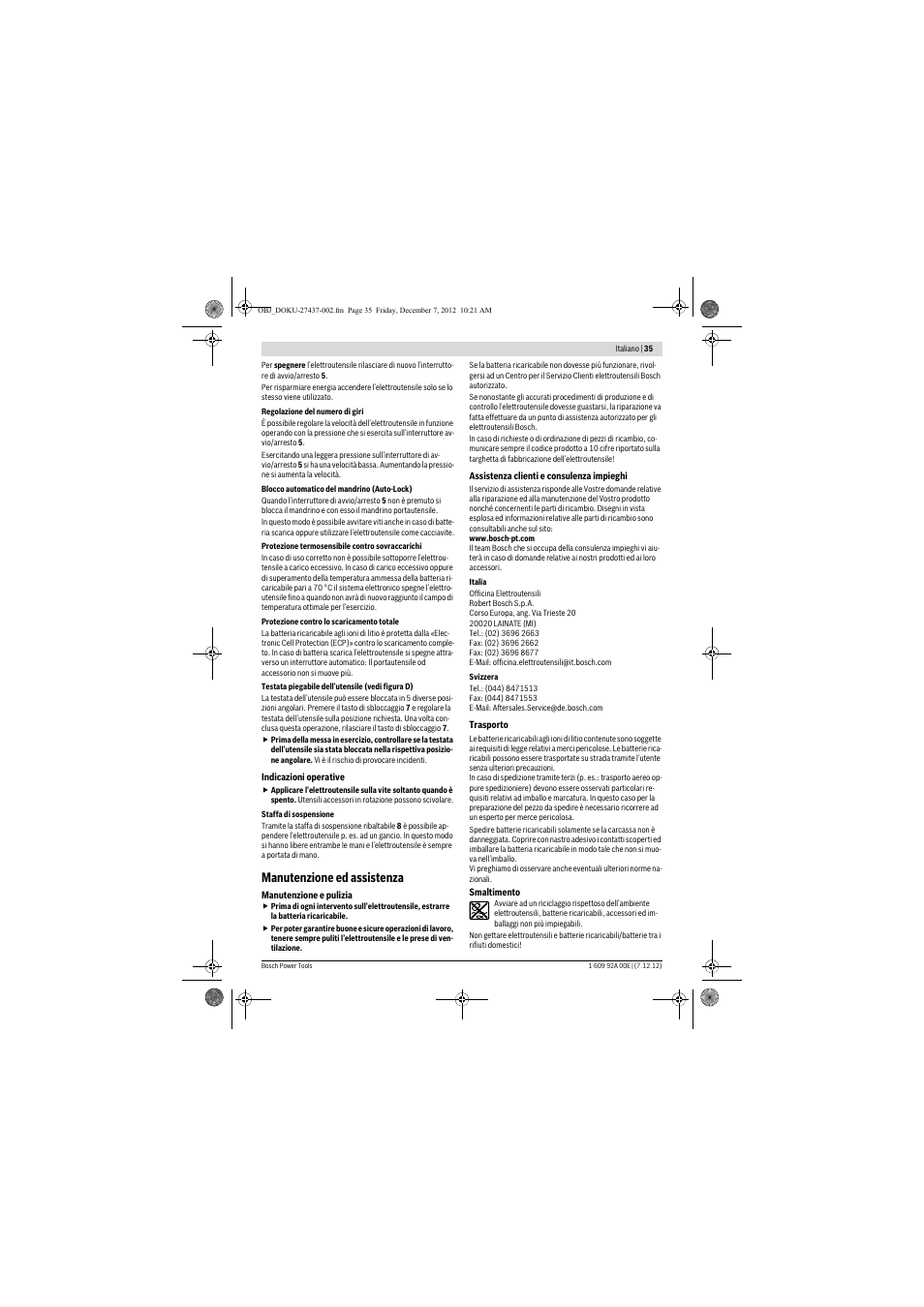 Manutenzione ed assistenza | Bosch GWI 10,8 V-LI Professional User Manual | Page 35 / 148