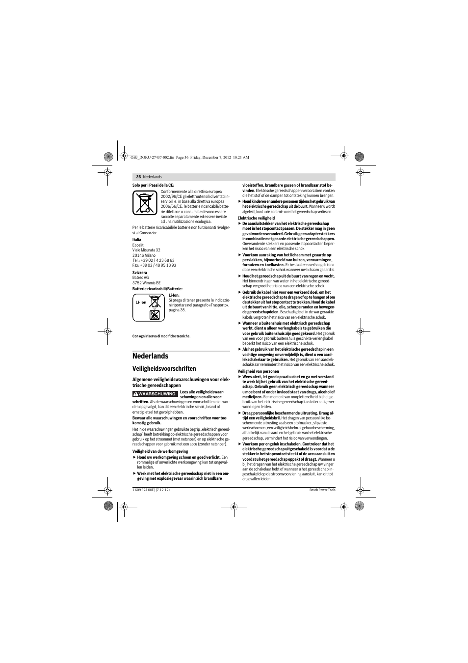 Nederlands, Veiligheidsvoorschriften | Bosch GWI 10,8 V-LI Professional User Manual | Page 36 / 148