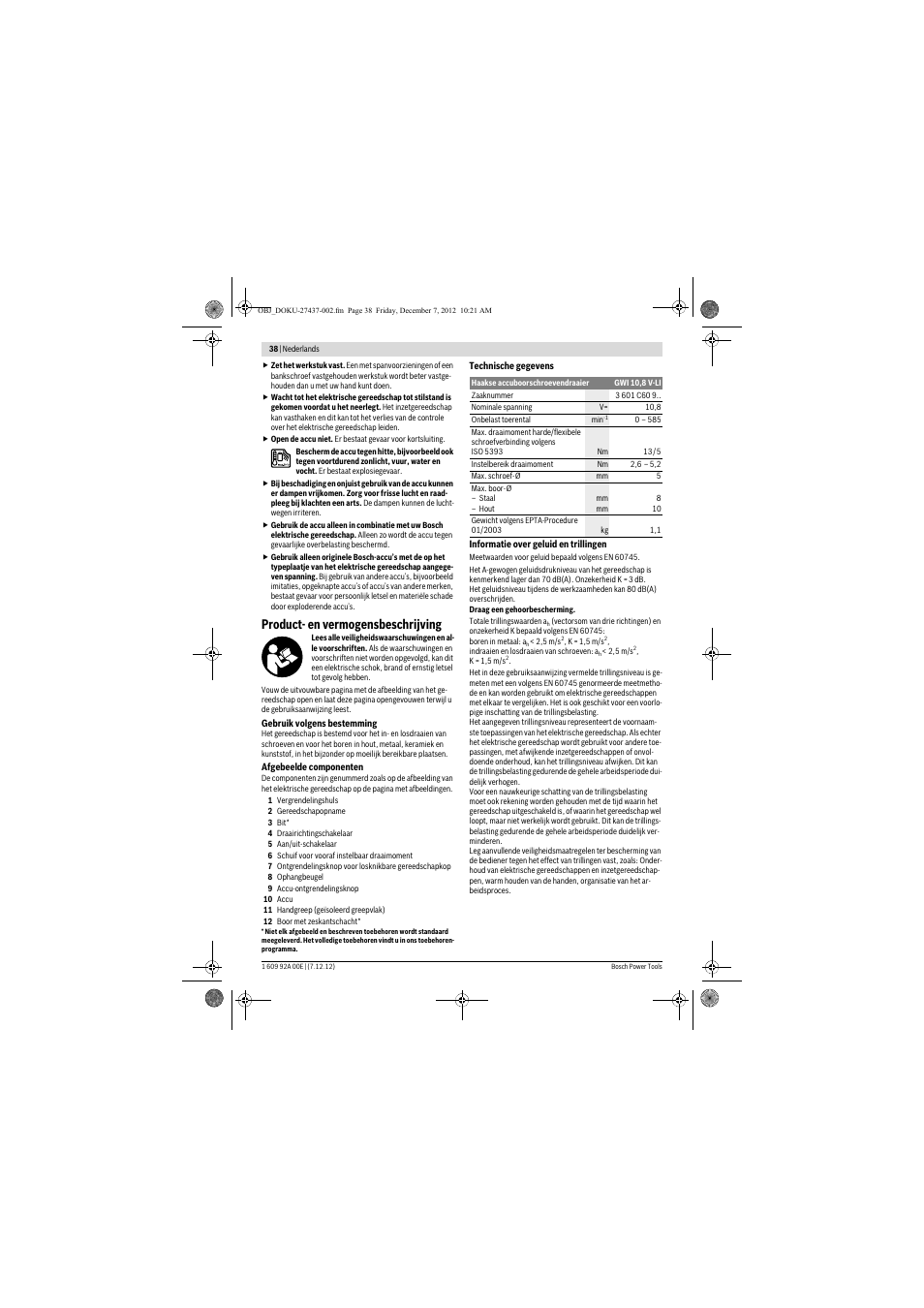 Product- en vermogensbeschrijving | Bosch GWI 10,8 V-LI Professional User Manual | Page 38 / 148