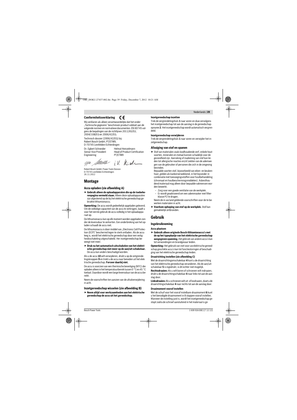 Montage, Gebruik | Bosch GWI 10,8 V-LI Professional User Manual | Page 39 / 148